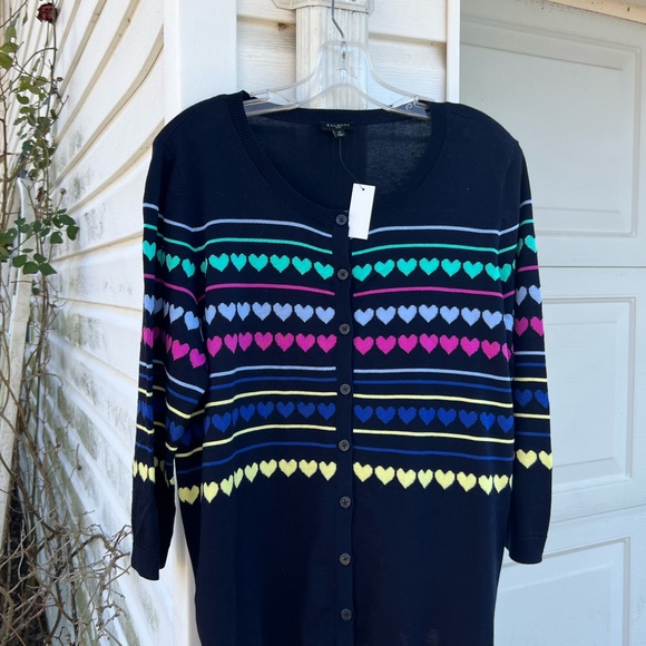 Talbots Sweaters - NWT Talbots Fun Navy with Multicolored Hearts Long Sleeve Cardigan